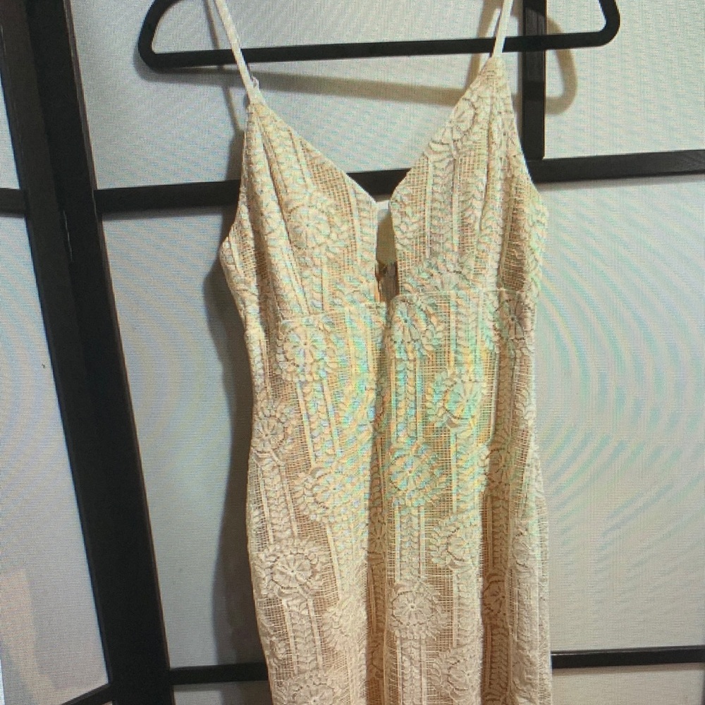 Lulu's Cream Crochet Lace Spaghetti-Strap Midi Dress